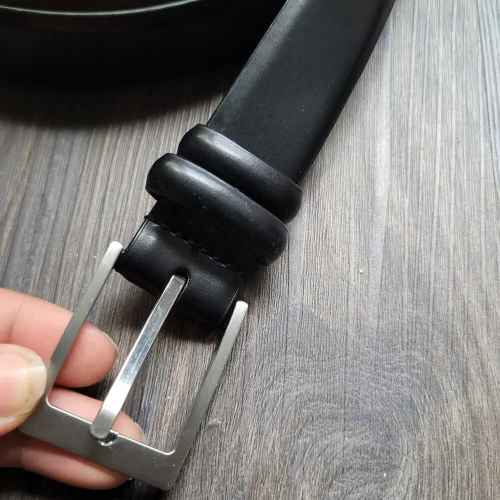Men's Genuine Leather Belt Size 56 Black Silver Tone Hardware Long Business - Picture 2 of 6